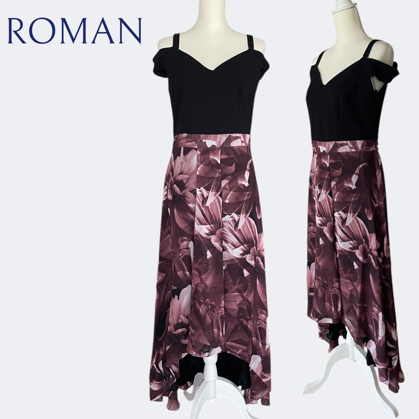 ◆ROMANローマン 異素材ドッキングワンピース パープルシフォンアシメトリードレス L-XLサイズ