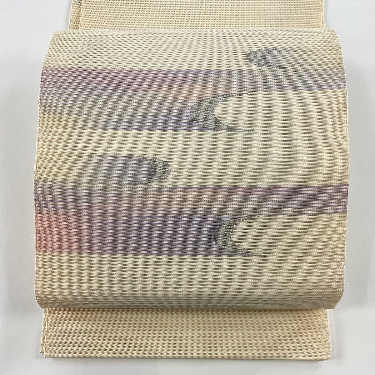 名古屋帯 秀品 落款 夏帯 絽 草花 刺繍 銀彩 クリーム 正絹 中古 【月