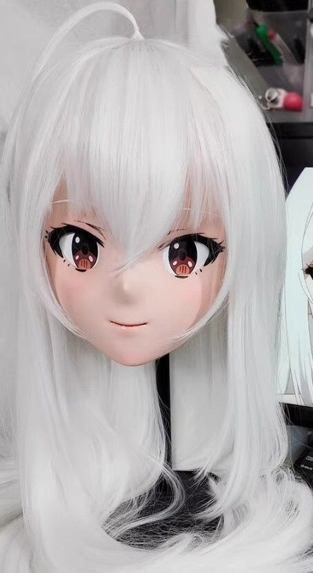 ハーフマスク 眼球付き カツラ付き NO.29 樹脂製 ヘッドロリータ人形 コスプレマスク 変身 仮装 着ぐるみ 二次元美少女