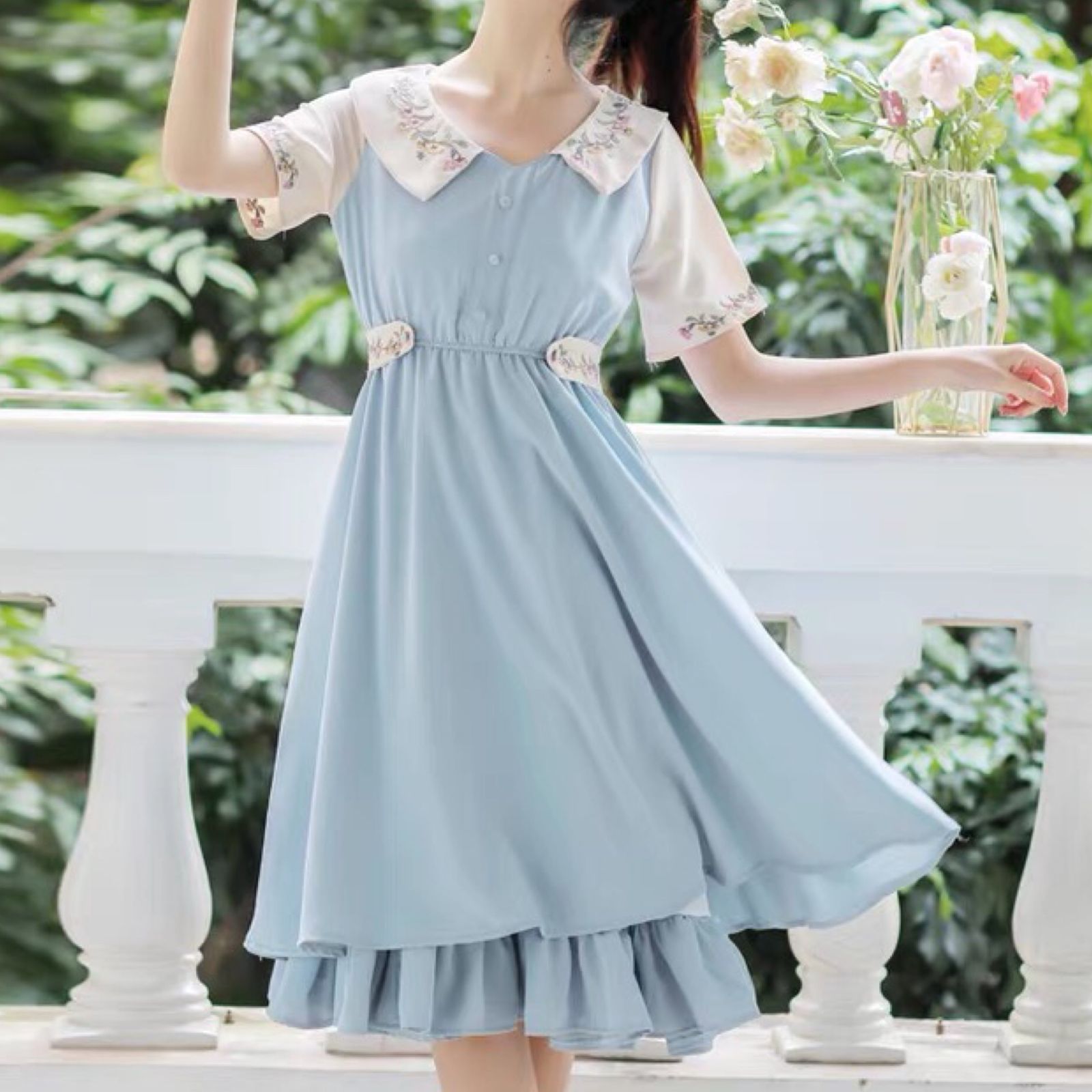 新品】レトロガーリー♡花柄刺繍ワンピース レディース 韓国 韓国 