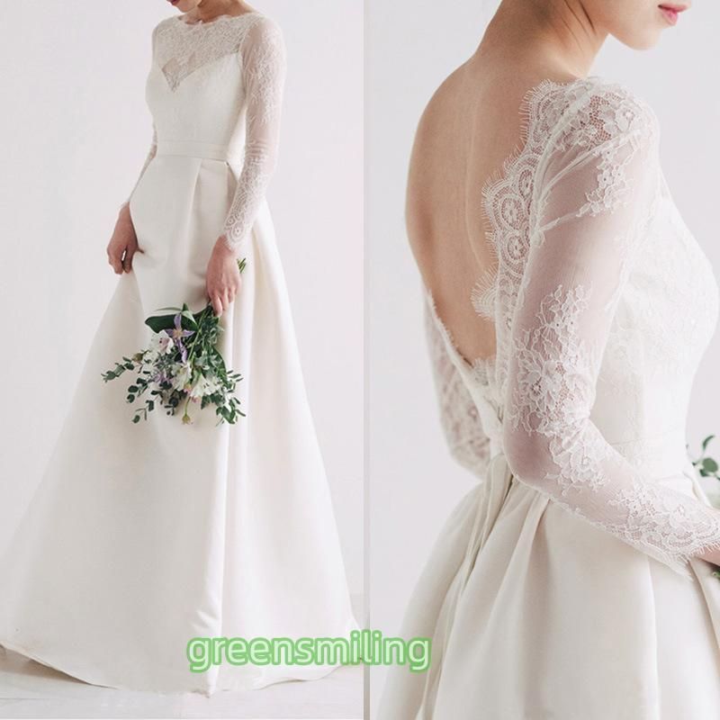ウェディングドレス ロングドレス Aラインドレス サテン レース 長袖 バックレス 編み上げ 二次会 結婚式 前撮り ブライダル