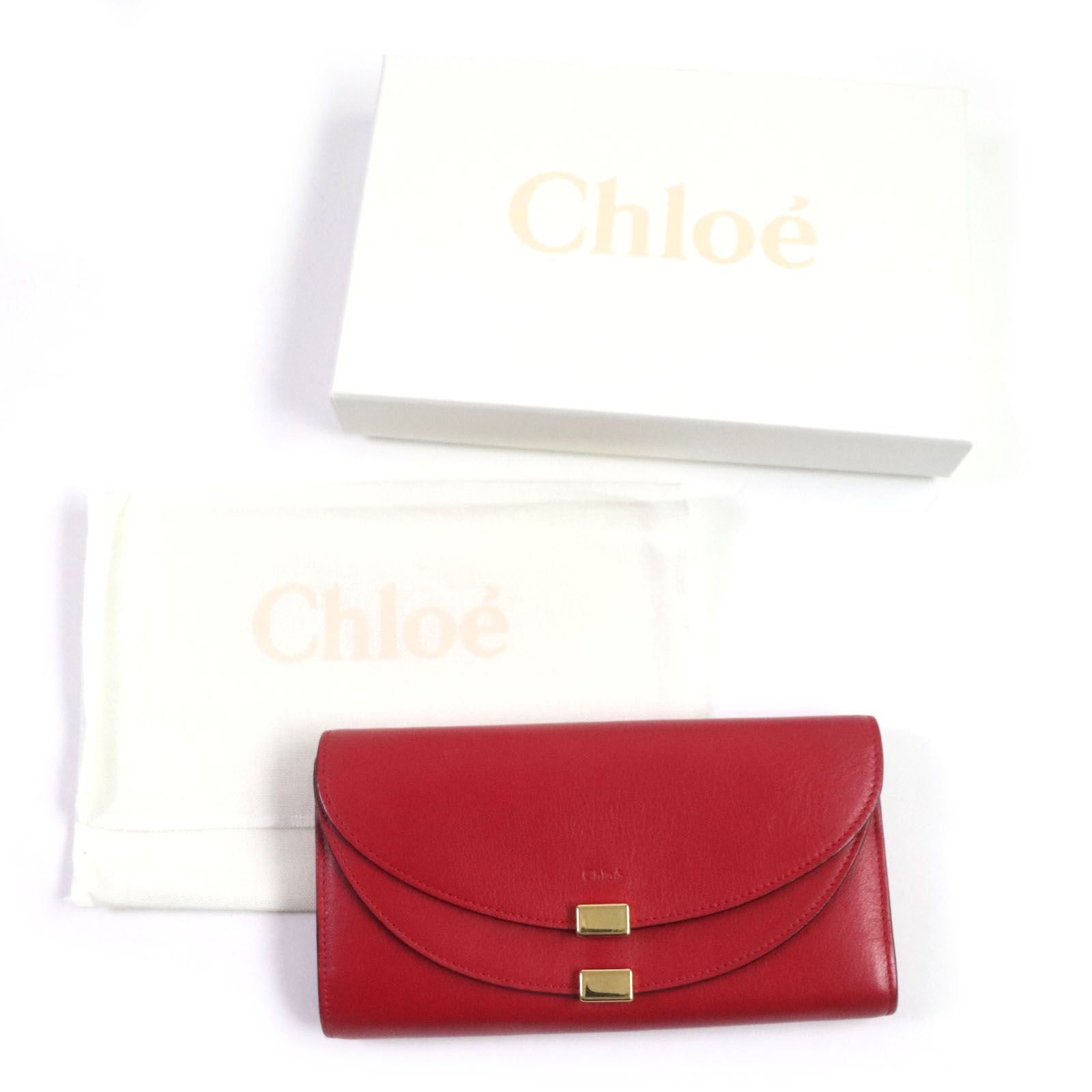 美品▼Chloe クロエ 3P0284 GEORGIA ジョージア レザー ダブルフラップ 2つ折り ロングウォレット 長財布 レッド ゴールド金具 箱・保存袋付き スペイン製 レディース