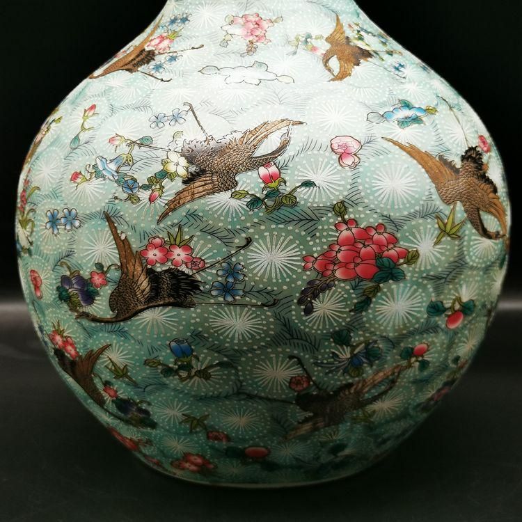 青地粉彩百鶴図夜光天球瓶 現代工芸品