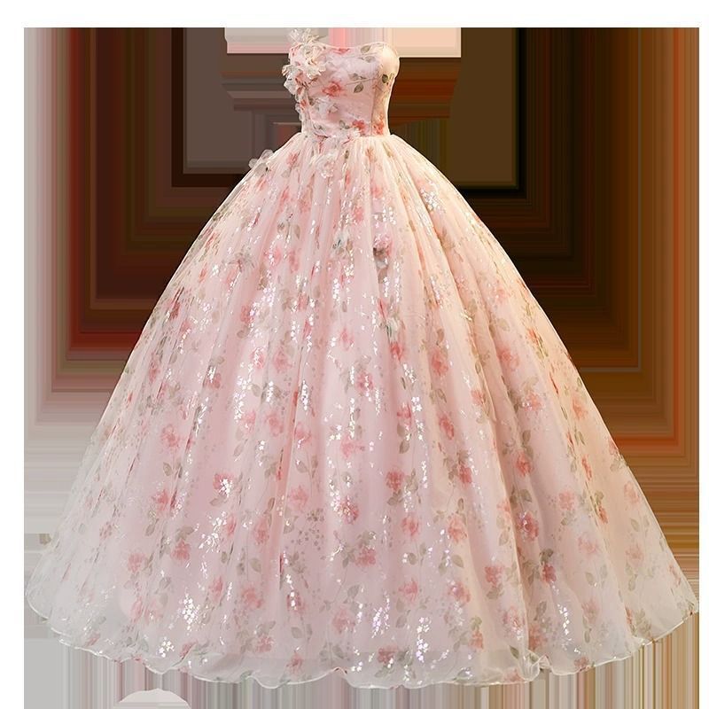 パーティドレス イブニングドレス ピンク 花柄 オフショルダー