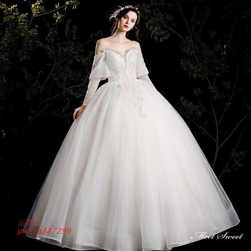 ウェディングドレス ロングドレス プリンセスラインドレス オフショルダー 半袖 二次会 ブライダル 結婚式 ウエディングドレス 花嫁 前撮り 挙式 pai5a387299