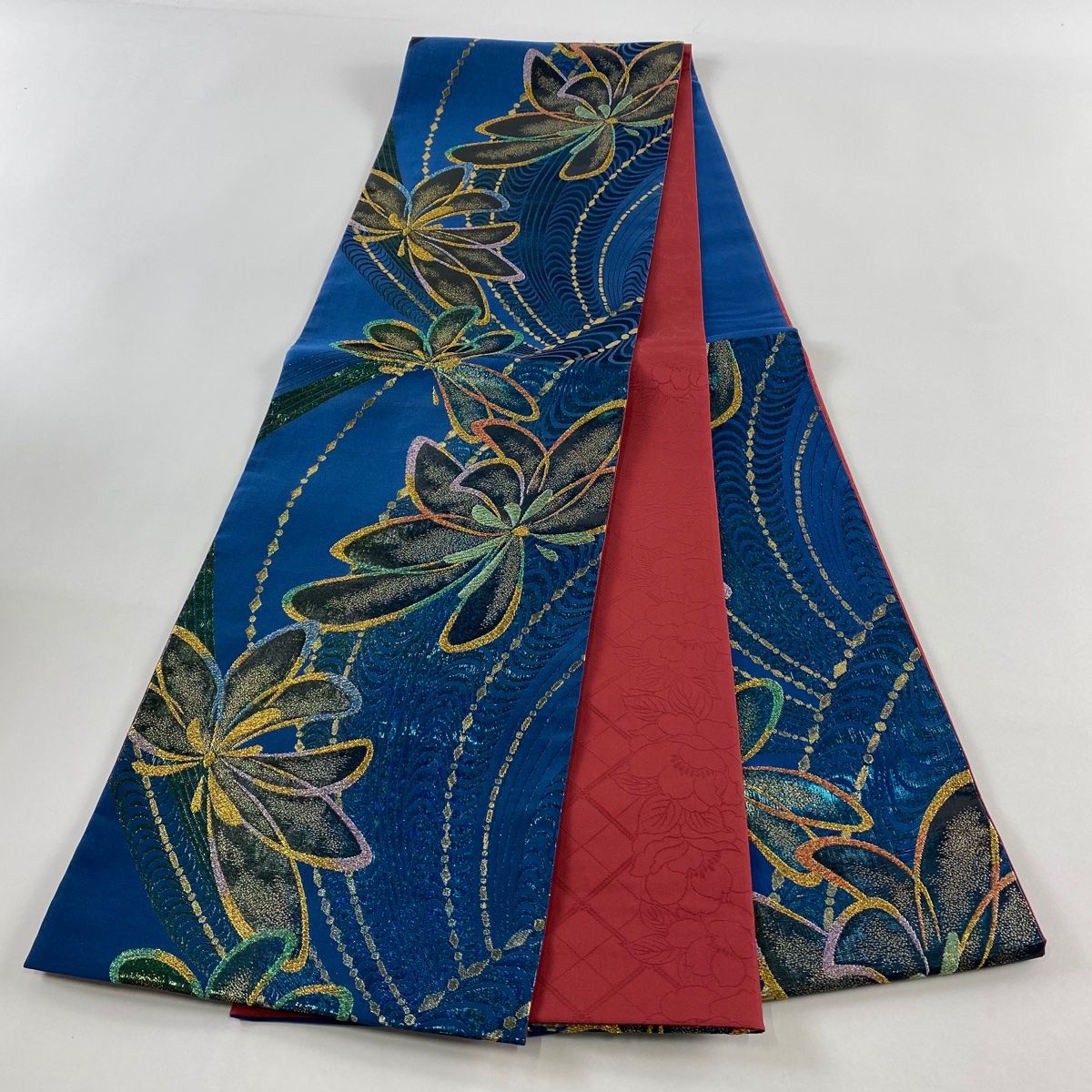 袋帯 秀品 華文 格子 箔 深緑 お太鼓柄 正絹(仕立て上がり)｜売買され