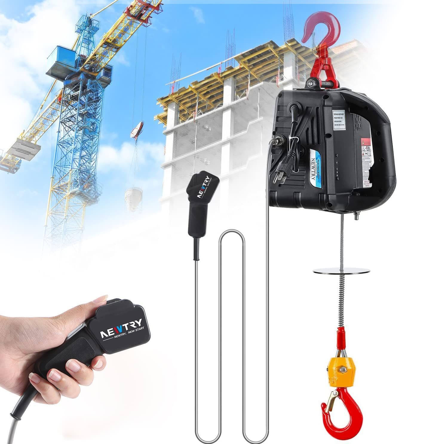 リフト高さ11.8m 110V 家庭用 業務用 ワイヤ制御 1500W 吊り上げ能力300㎏ 巻き上げ機 小型クレーン 電動ホイスト 電動ウインチ NEWTRY