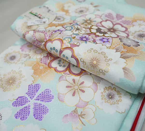 お宮参り 産着 女児 合繊 豪華絢爛 のしめ 金駒縫 綸子地 淡く薄い水色 一つ身 祝着 女の子 初着 掛け着 NO40794