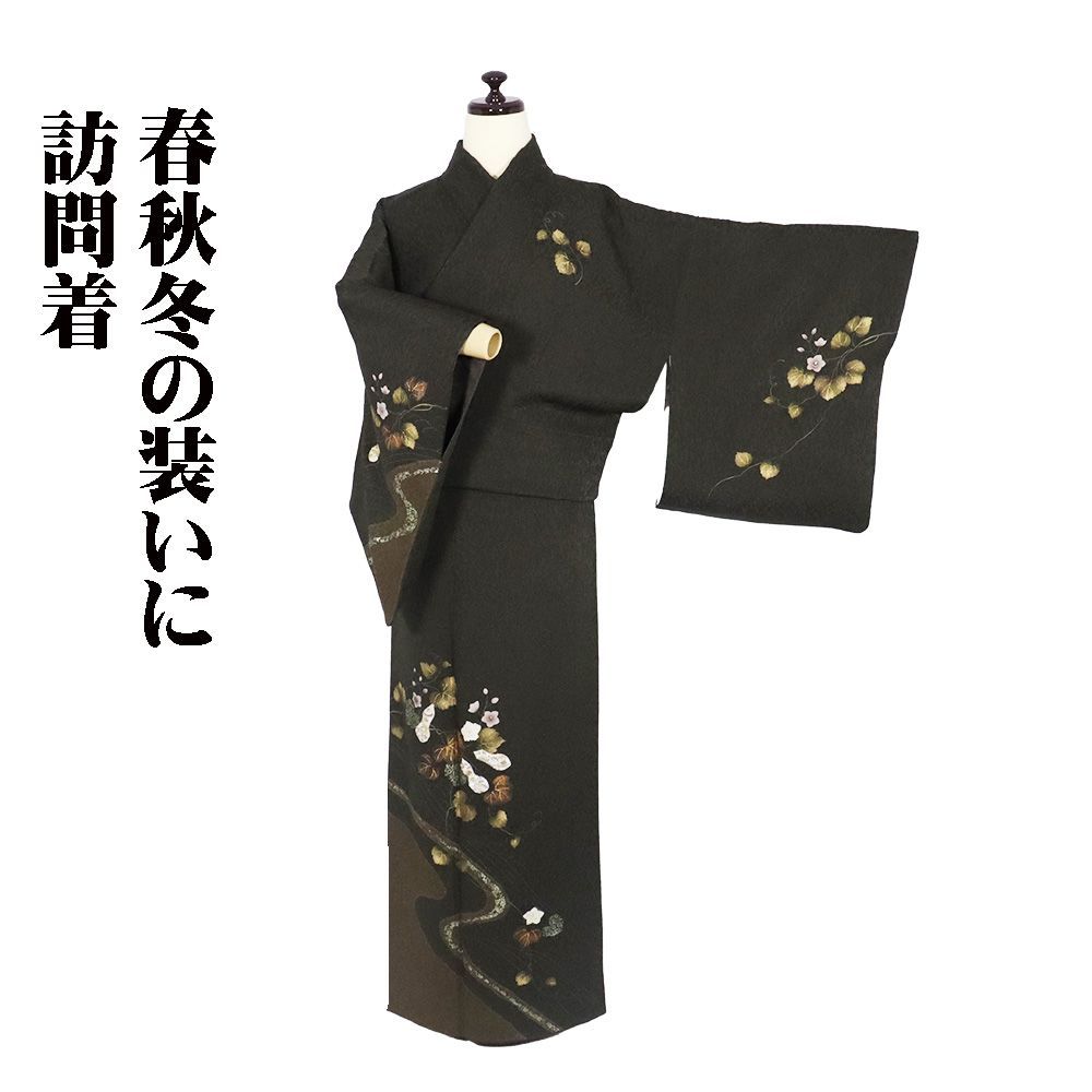 特選 小紋 着物 未使用 正絹 袷 カジュアル 花模様 牡丹 白色 深緋色