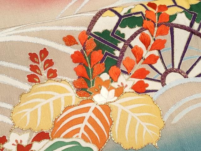 平和屋本店□極上 アンティーク 大正ロマン 振袖 駒刺繍 御所車立波枝