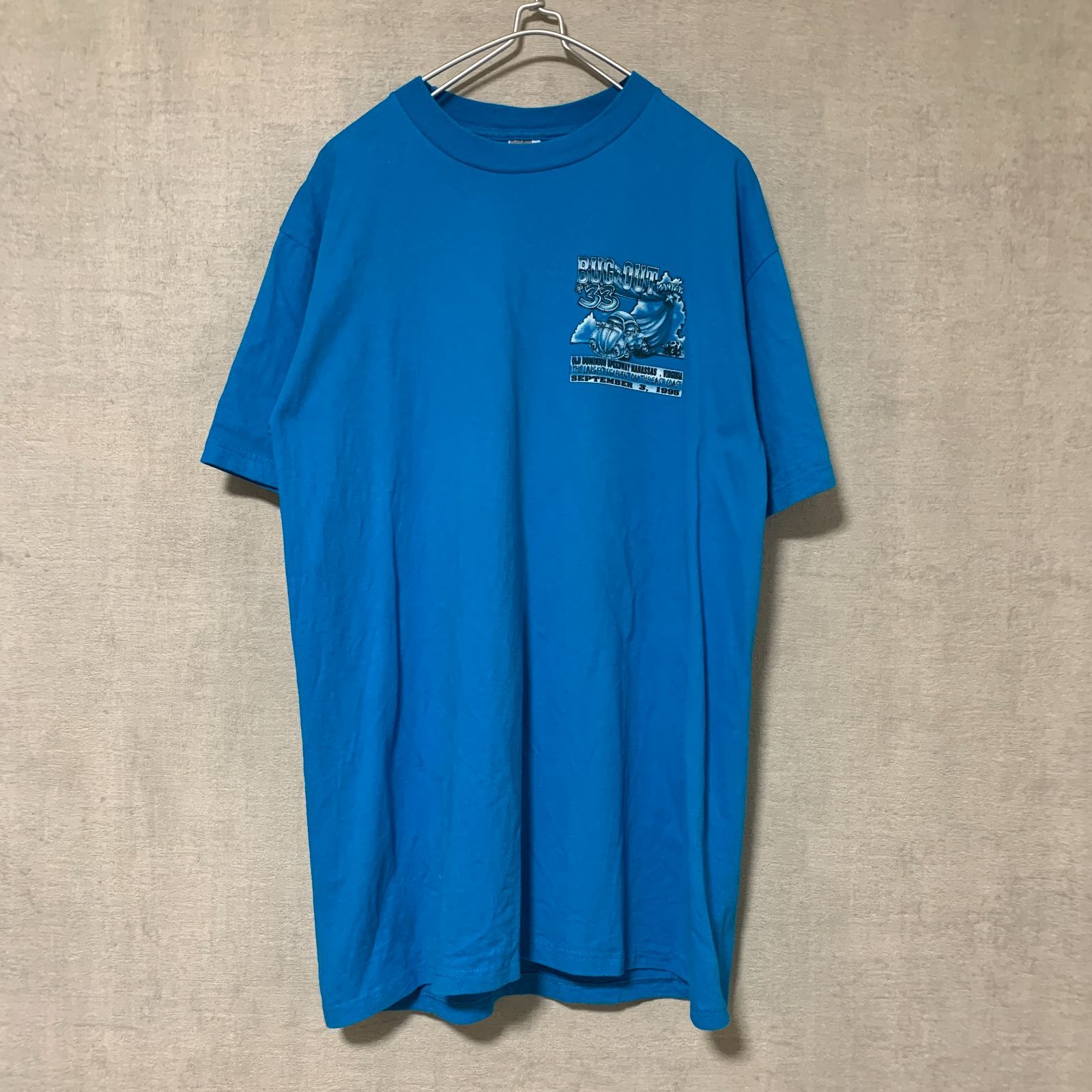 【90s USA製】JERZEES 半袖Tシャツ ビッグプリント ブルー BUGOUT【メンズL】