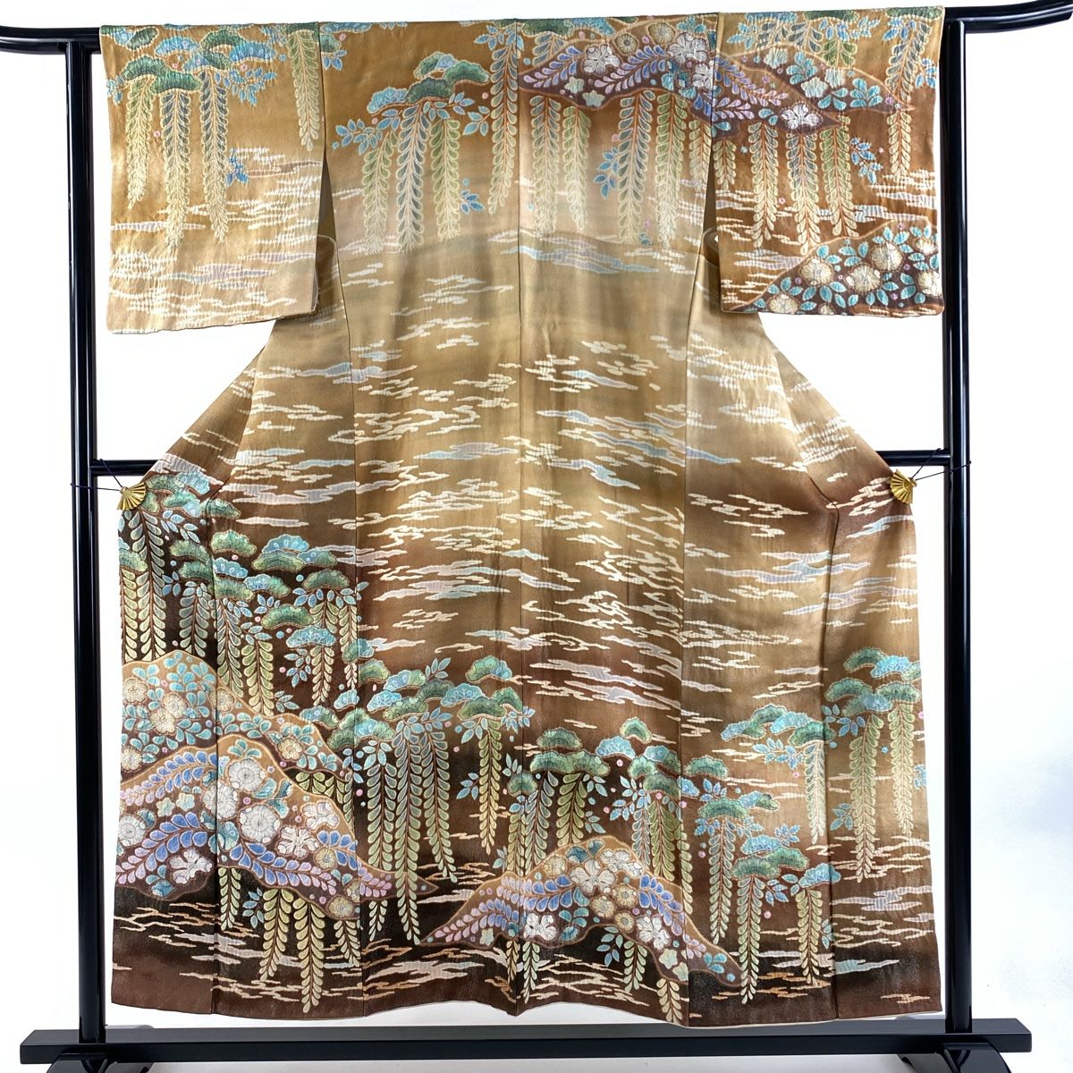 訪問着 身丈153cm 裄丈62.5cm S 袷 辻が花 笠松 銀通し ぼかし 薄茶色 正絹