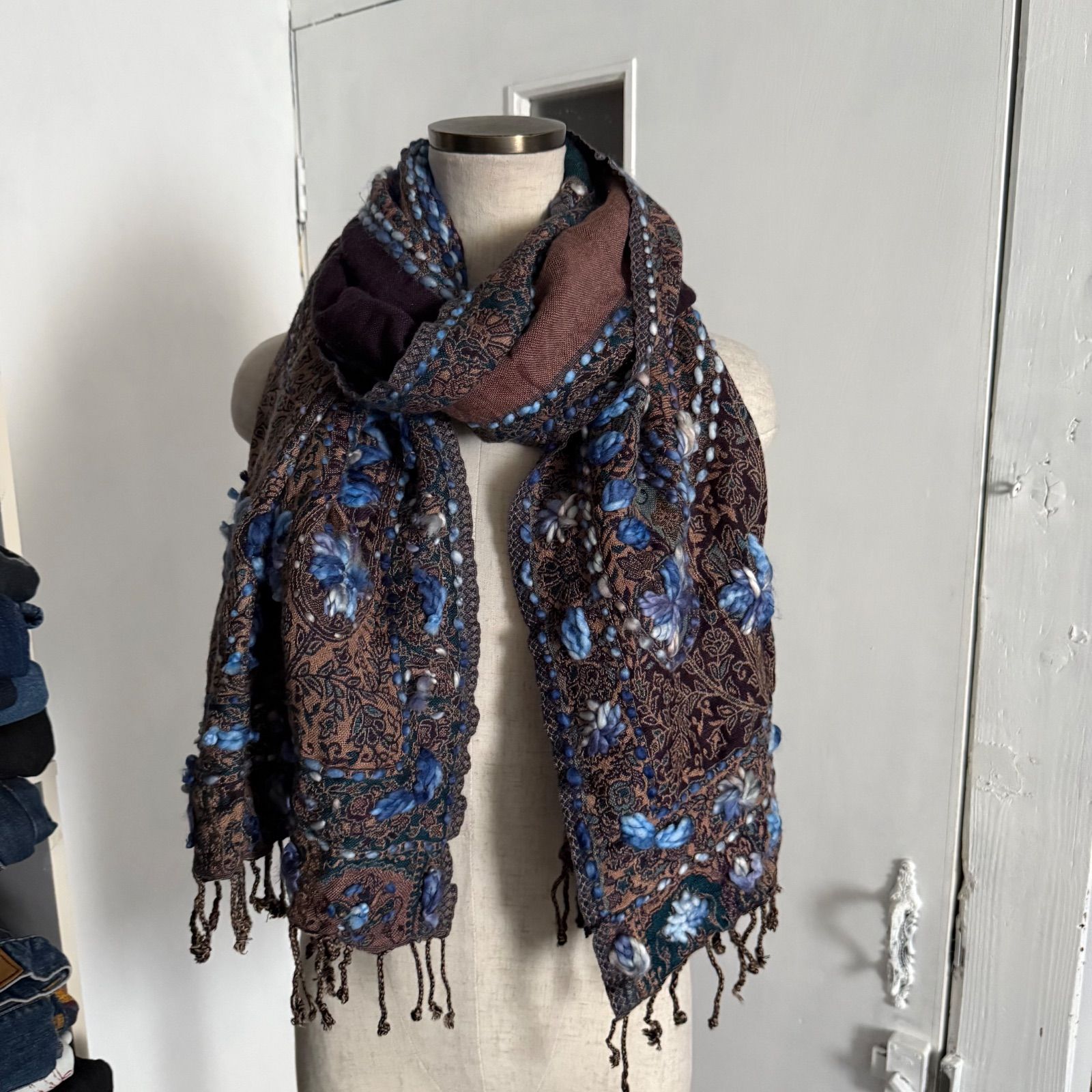 再入荷アイテム y2k ストールショールウール刺繍森ガールペイズリー柄 小物