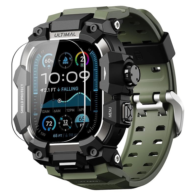 コンパチブル Apple Watch Ultra 3|Ultra 2|Ultra バンド アップル ウォッチ バンド 49mm ケース 一体型 ミリタリーグレード耐衝撃バンパーカバーTPU|TPE 耐衝撃 滑り止め 耐久性 落下防止 アーミーグリーン ブラ