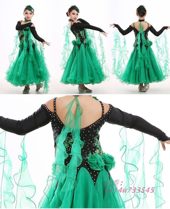 社交ダンスドレス ワンピース キッズ用 ドレス ジュニア用 社交ダンスワンピース M-2XL 競技着 演出服 グリーン ローズ セット vii4w733545