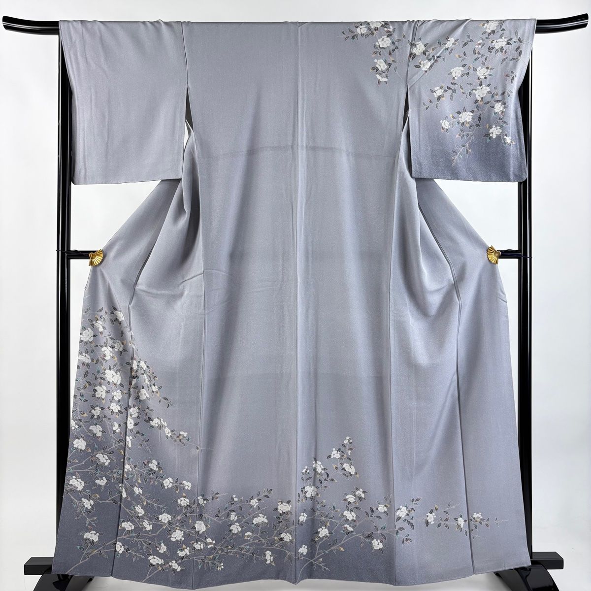 訪問着 身丈163cm 裄丈67cm M 袷 枝花 ぼかし 青灰色 正絹 秀品