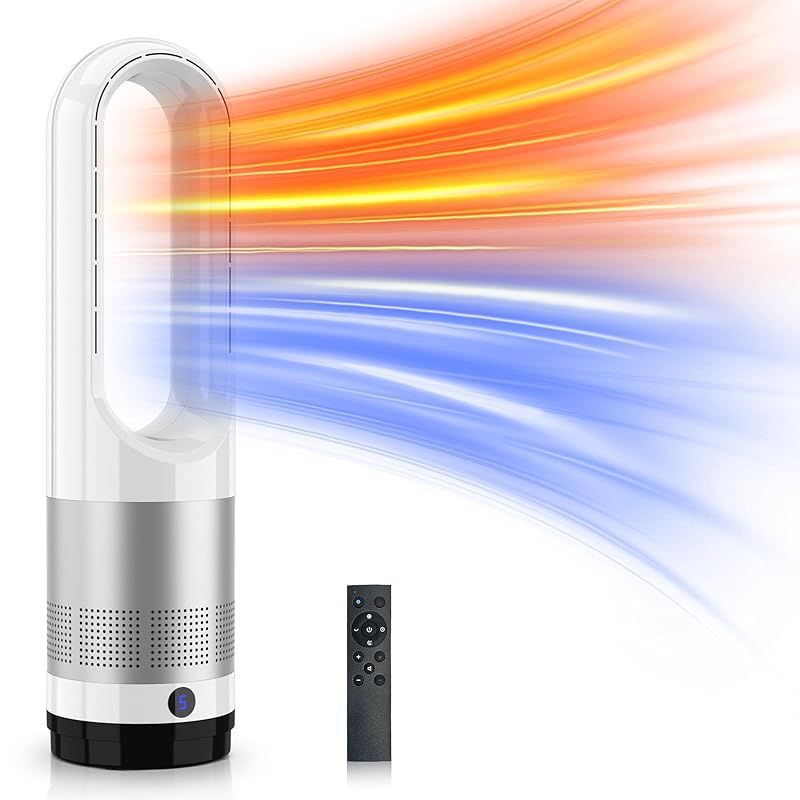 セラミックヒーター 羽なし 冷暖兼用 タワーファン 温風 送風 3段階温風＆8段階送風切替 100°自動首振り 9Hタイマー 静音 扇風機 強風＆微風モード 大風量速暖 リモコン付 転倒自動OFF 過熱保護 電気ファンヒーター 省エネ 節電 子供部屋 1