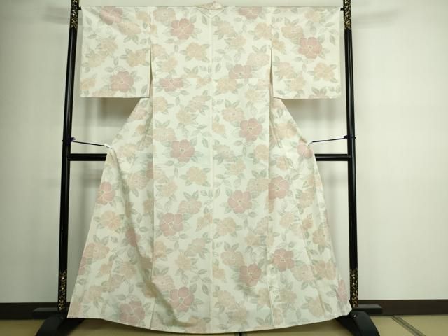 平和屋着物▽上質な小紋 単衣 紬地 型染め 更紗唐草文