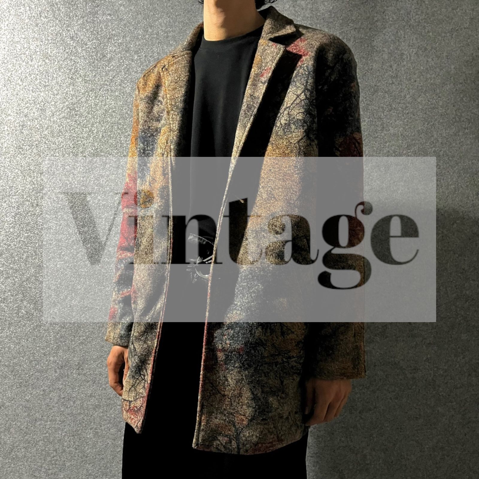 vintage】アート 水彩 総柄 中綿 テーラードジャケット コート XL-
