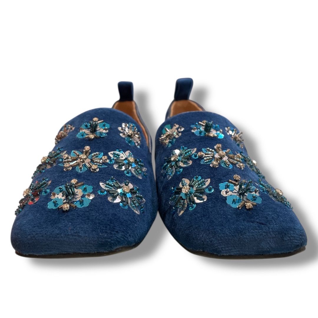 MAX-Co. マックスアンドコー ビジュー刺繍ローファー ベルベット生地 スクエアトゥ スパングル ビジュー 花模様 フラットローファー 軽量 華やか 大人カジュアル ブルー 36 23cm レディース 秋 ゴーゴー古着セントラルパーク名古屋店No.1183