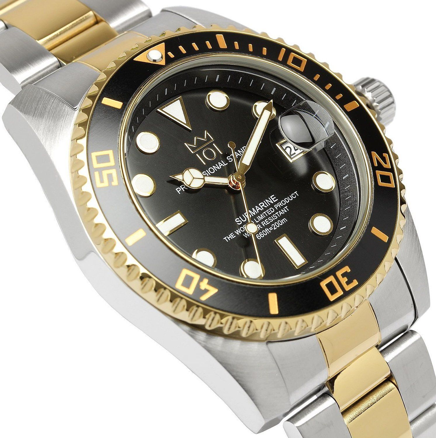 ヒャクイチ クォーツ No 1 ダイバーズウォッチ 日付表示 101 20気圧防水 腕時計 HYAKU 001 ブラック ゴールド