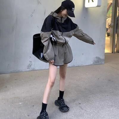 ナイロン セットアップ レディース 韓国 バイカラー パーカー