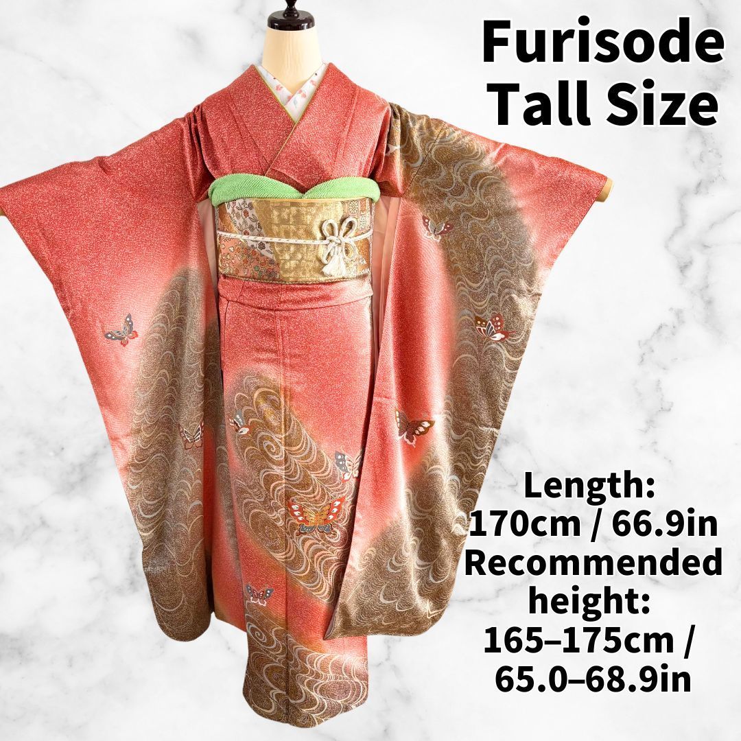 トールサイズ 振袖フルセット 正絹 刺繍衿付き 身丈170cm 裄68cm 赤 オレンジ 茶 グラデーション 蝶 金彩 豪華 上品 成人式 結婚式 晴れの日 一式 コーディネート済 晴れ着 高身長向け フォーマル 着物セット 前撮り 撮影用 振袖一式