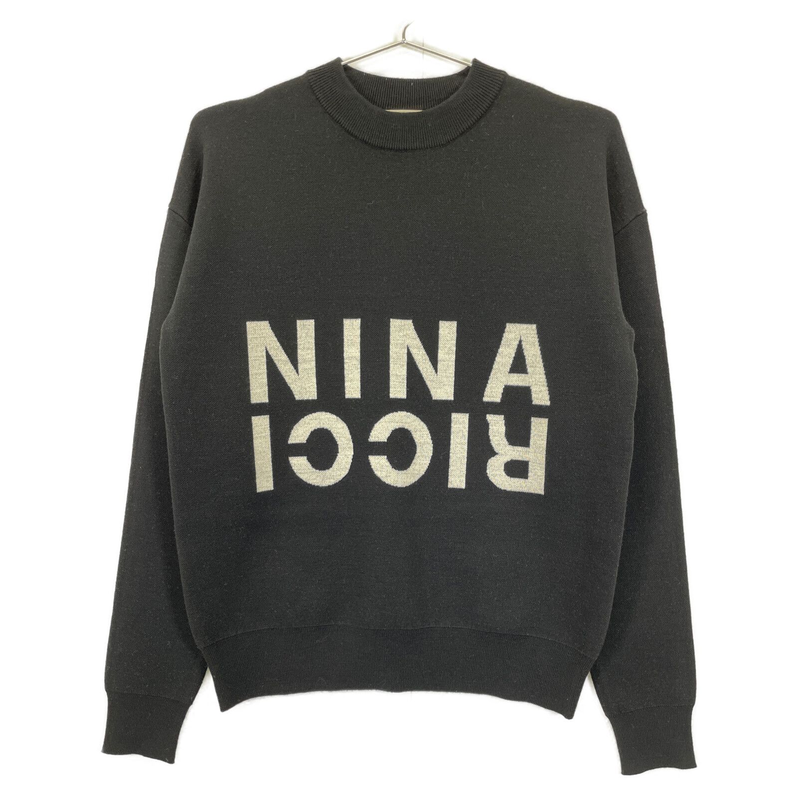 NINA RICCI ニナリッチ ﾌﾞﾗｯｸ ｳｰﾙ×ﾅｲﾛﾝ ﾓｯｸﾈｯｸ ﾛｺﾞﾆｯﾄﾌﾟﾙｵｰﾊﾞｰ XS 