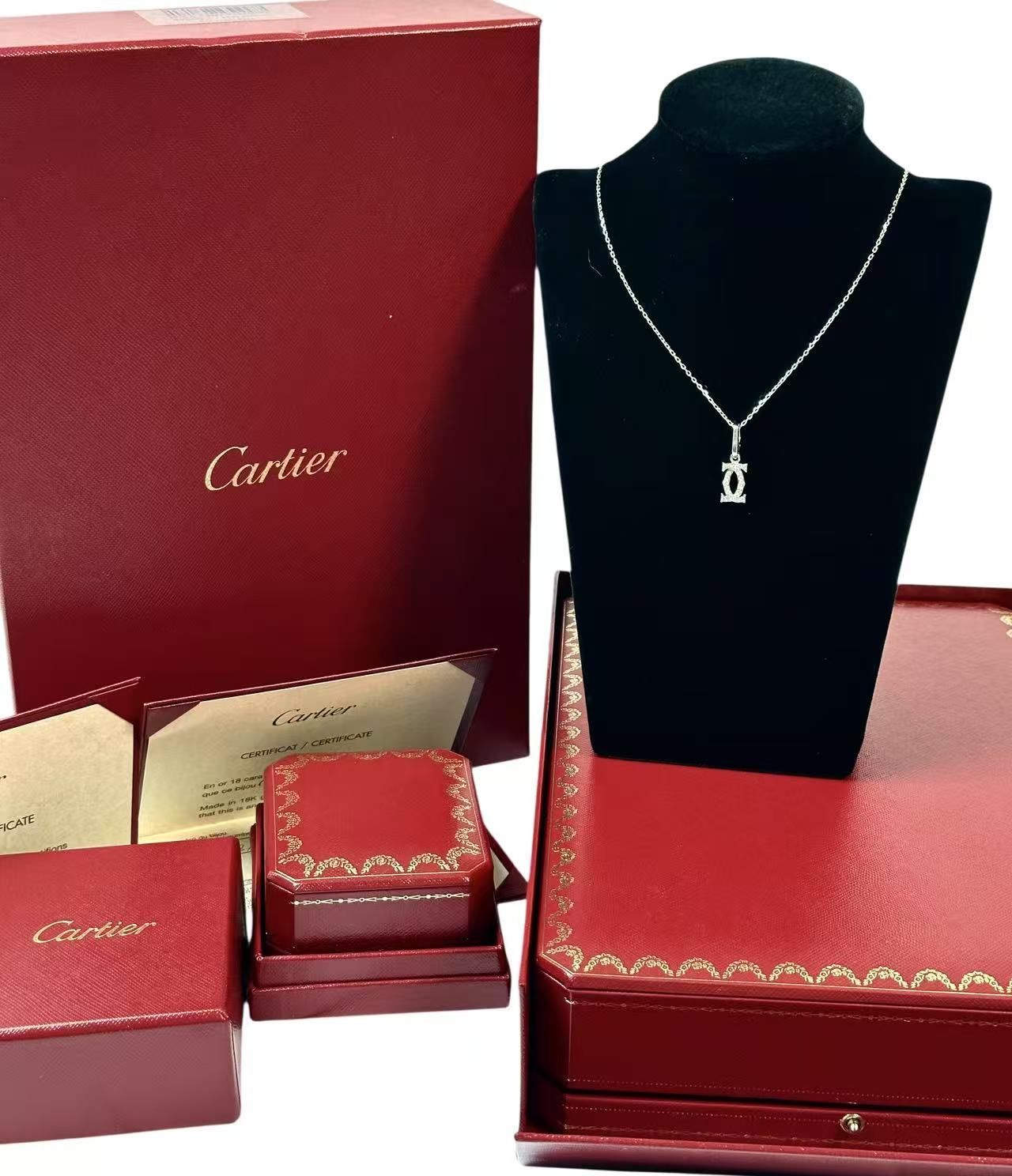 フルセット◆カルティエCartierダイヤ付き2CチァームネックレスK18WGホワイトゴールドダイヤモンドCCペンタントネックレスユニセックス男女