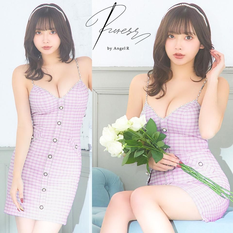 PURESS by AngelR ピュアレスバイエンジェルアール フロントボタンパールショルダーポケットタイトミニドレス ラベンダー キャバドレス PURESS by AngelR ピュアレスバイエンジェルアール フロントボタン