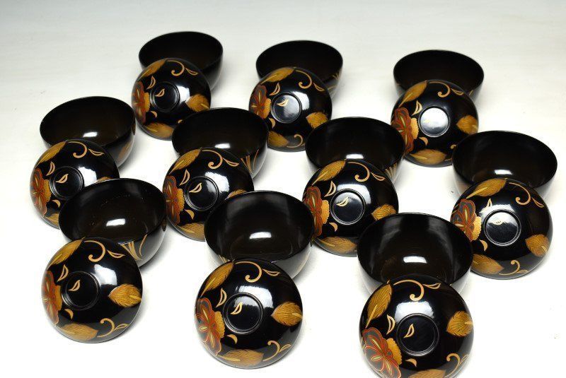 蔵A3265 木製黒塗 蒔絵花文 吸物椀 汁椀 十客