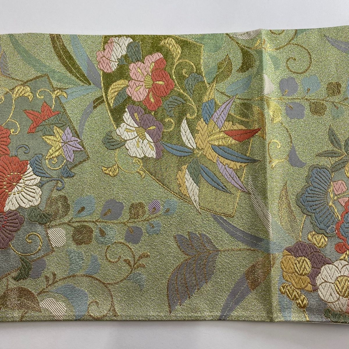 袋帯 瑞花桃山松桐紋 六通柄 灰色x金色x緑色 金