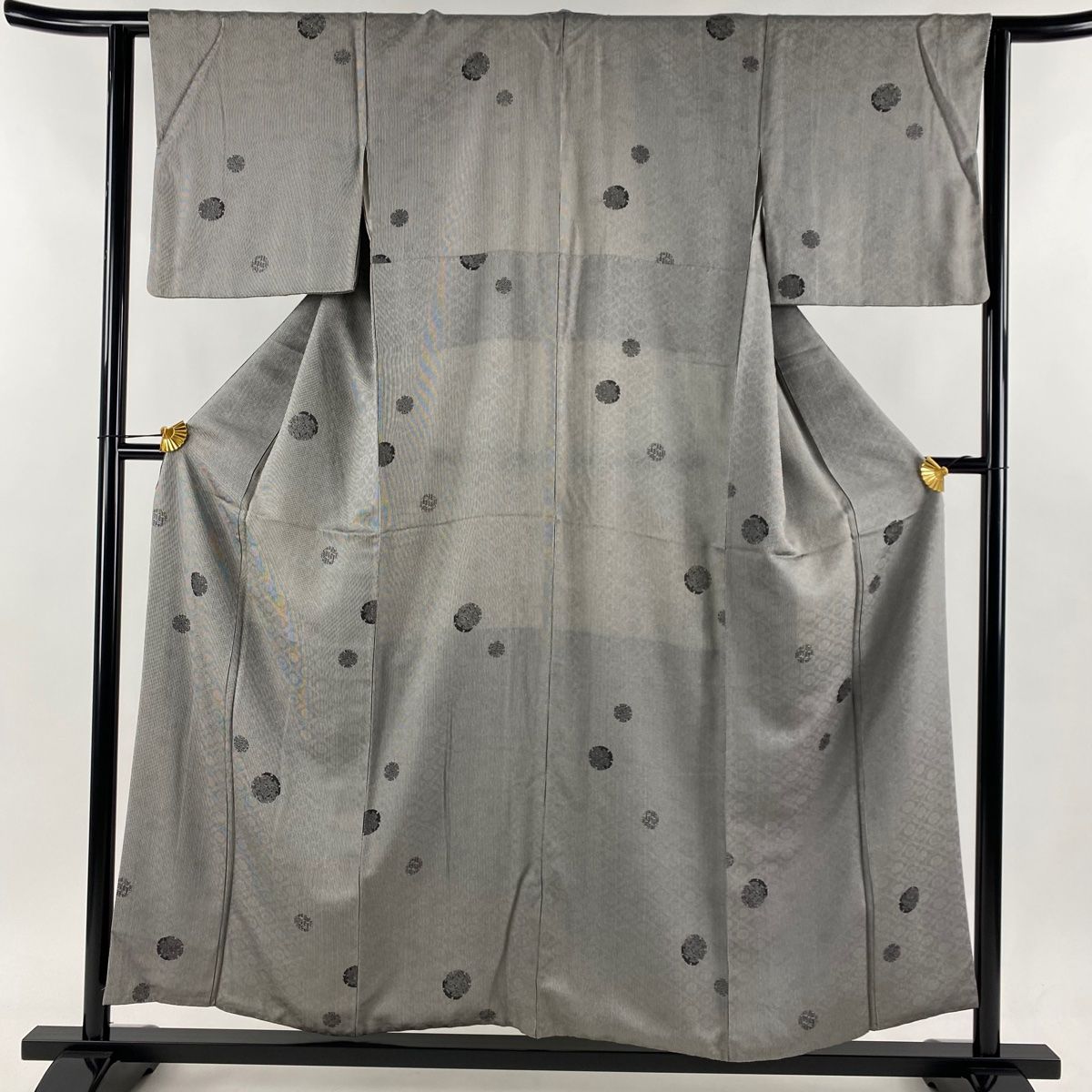 小紋 身丈155.5cm 裄丈60cm S 袷 雪輪 縦縞 黒灰 正絹 秀品