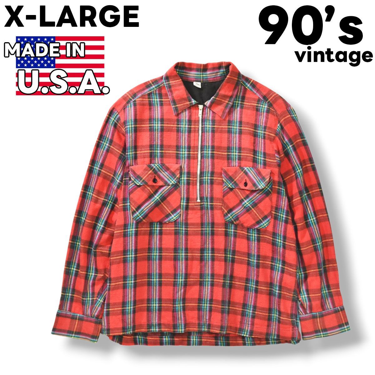 【希少】 90sヴィンテージ USA製 エクストララージ X-LARGE ハーフジップ コットンネル 長袖 シャツ M チェック柄 レッド メンズ