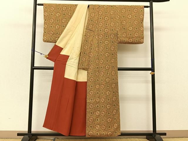 平和屋着物□上質な小紋 扇面花文 金彩 鬼しぼ縮緬 正絹 逸品