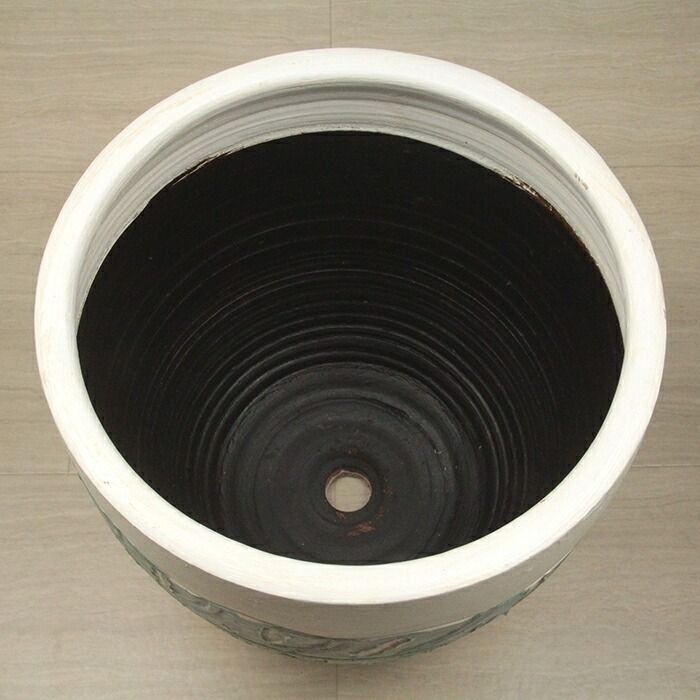 直径37cm リーフ柄 緑×白 丸 深型 植木鉢 おしゃれ 大型 L 25リットル STEELWINDOWSANDDOORS_COM