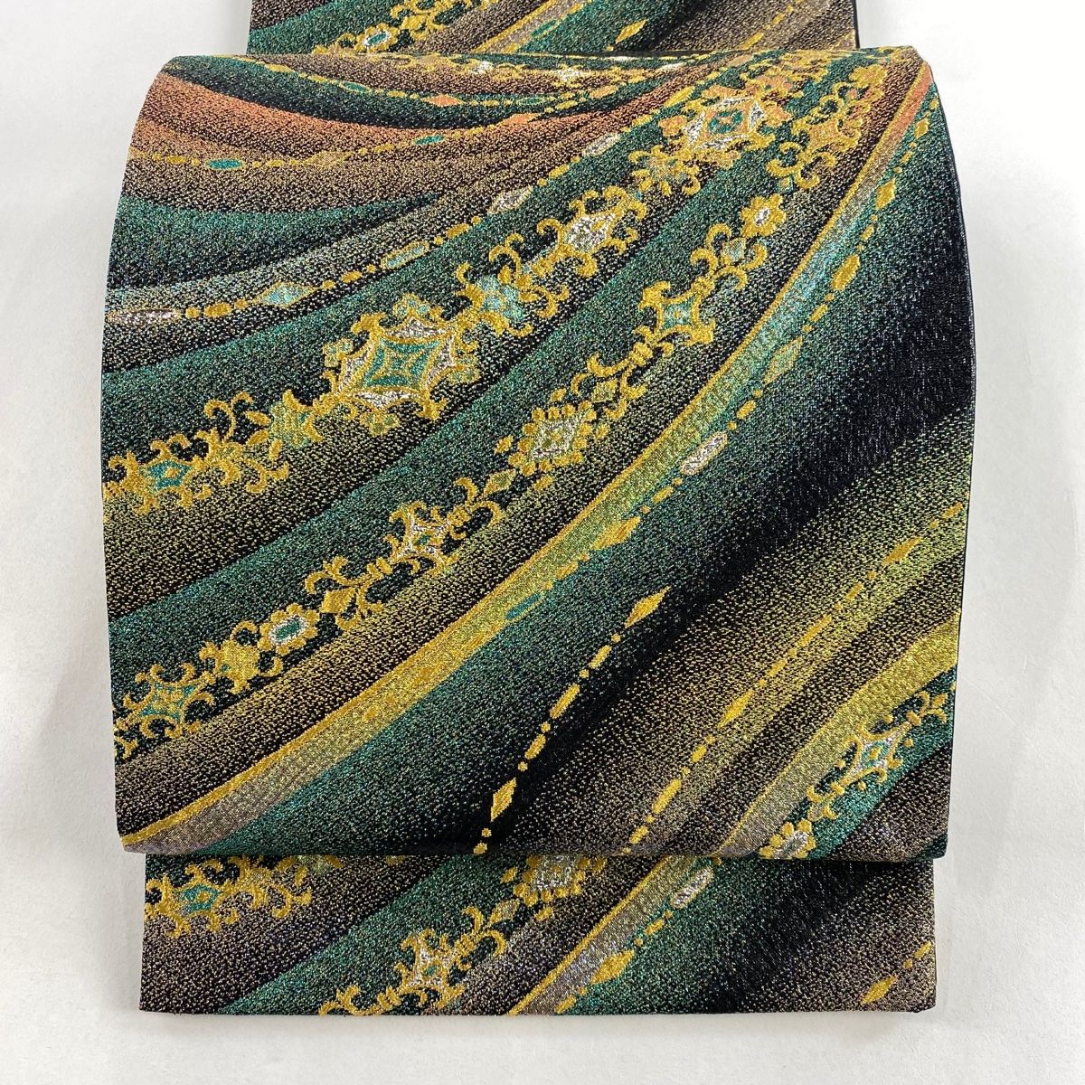 袋帯 秀品 幾何学 金糸 箔 緑 六通 正絹