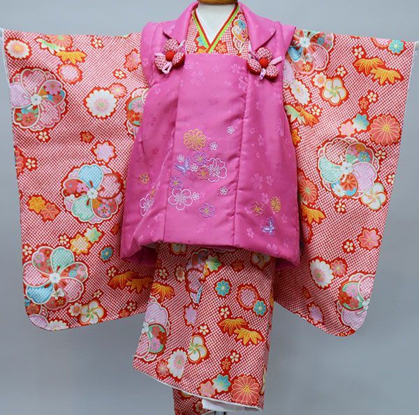 アンティーク着物 子供用 しつけ付 鳳凰・花模様 地紋 正絹 No.35