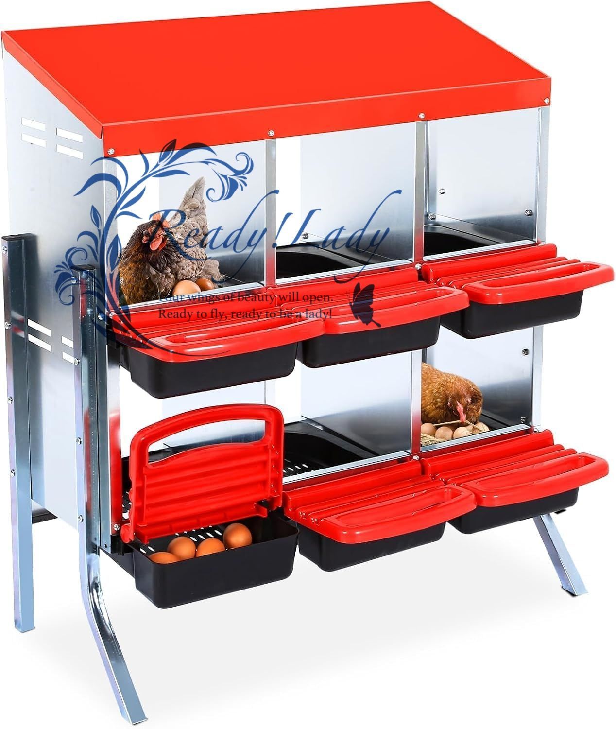 チキンネスティングボックス 6つのコンパートメント鶏の卵産卵鶏用のネストボックス ロック な蓋付きの金属雌鶏の敷設箱 鶏の飼育用の卵の敷設箱養鶏&卵 red