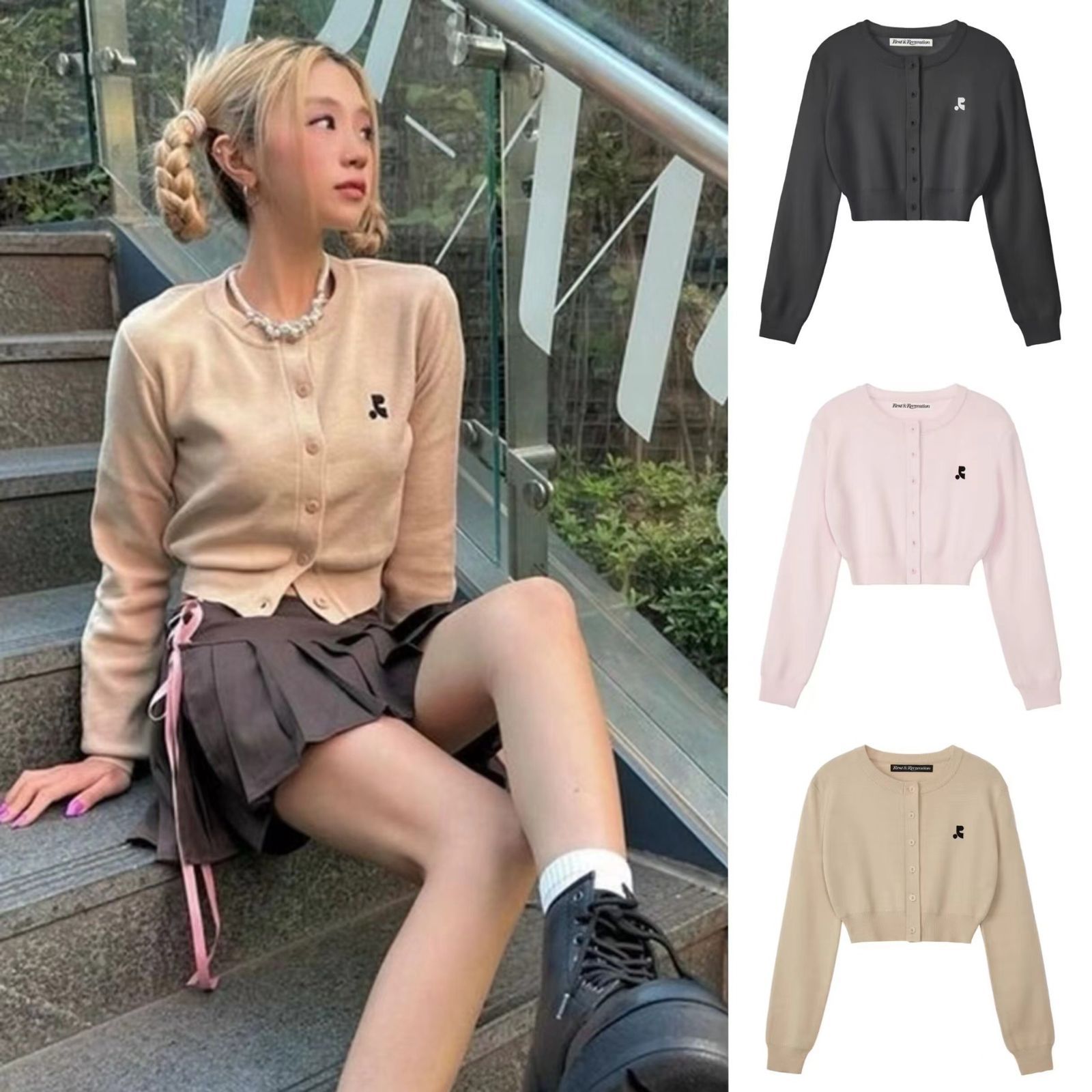 Rest&Recreation カーディガンRR CROPPED KNIT CARDIGAN - CHARCOAL 