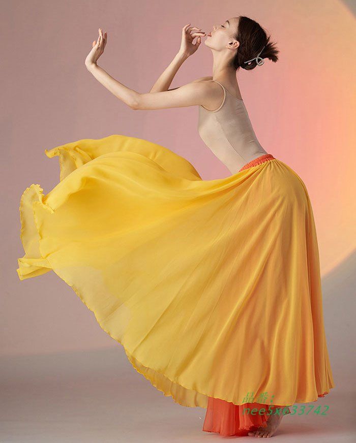 新発売鳥用レディース古典ダンスウェア ダンス衣装 スカート 大きい裾 ロング丈 広がる 扇子ダンス バレエダンス 傘ダンス スプ 古典ダンス 二重シフォンスカート  nee5x633742 自分で履く練習