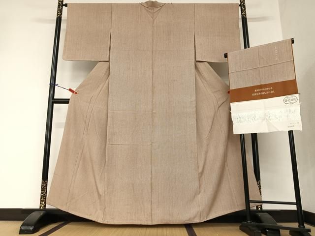 平和屋着物○小紋師 栗田政一 江戸小紋 万筋 白色×茶色 彩雪縮緬 反端