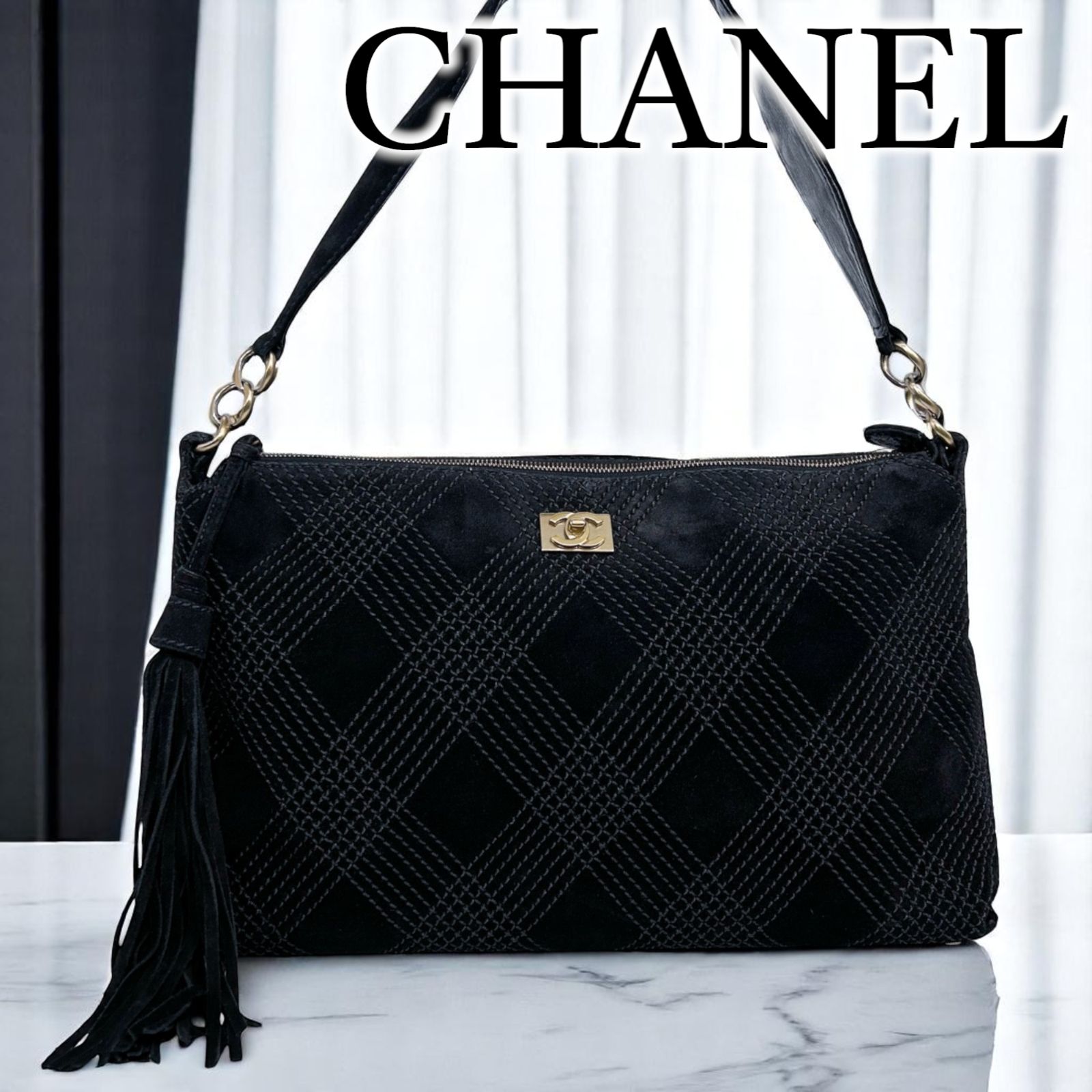 シャネル スエード レザー トート ショルダー バッグ 刺繍 ロゴ 赤系