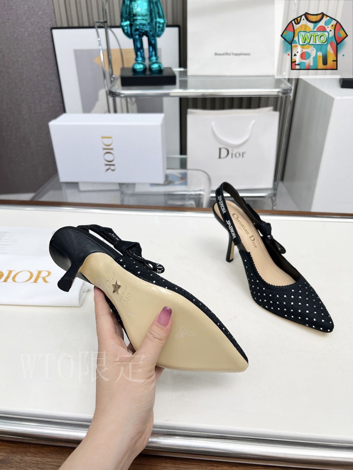 Dior 刺繍ハイヒール アルファベットロゴリボンサンダル02-2