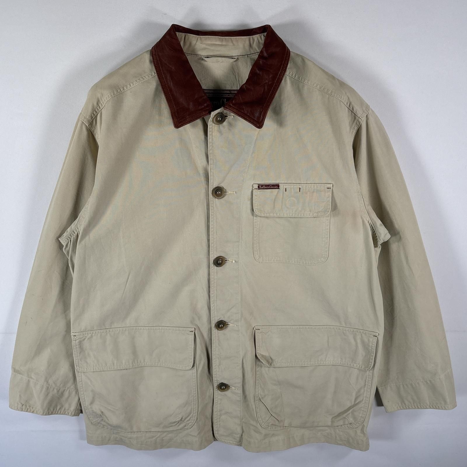 古着 マルボロクラシックス Marlboro Classics カバーオール ダック地 襟レザー ブレザー 大きいサイズ XL  ベージュ メンズ 古着 マルボロクラシックス Marlboro Classics カバーオール ダック地