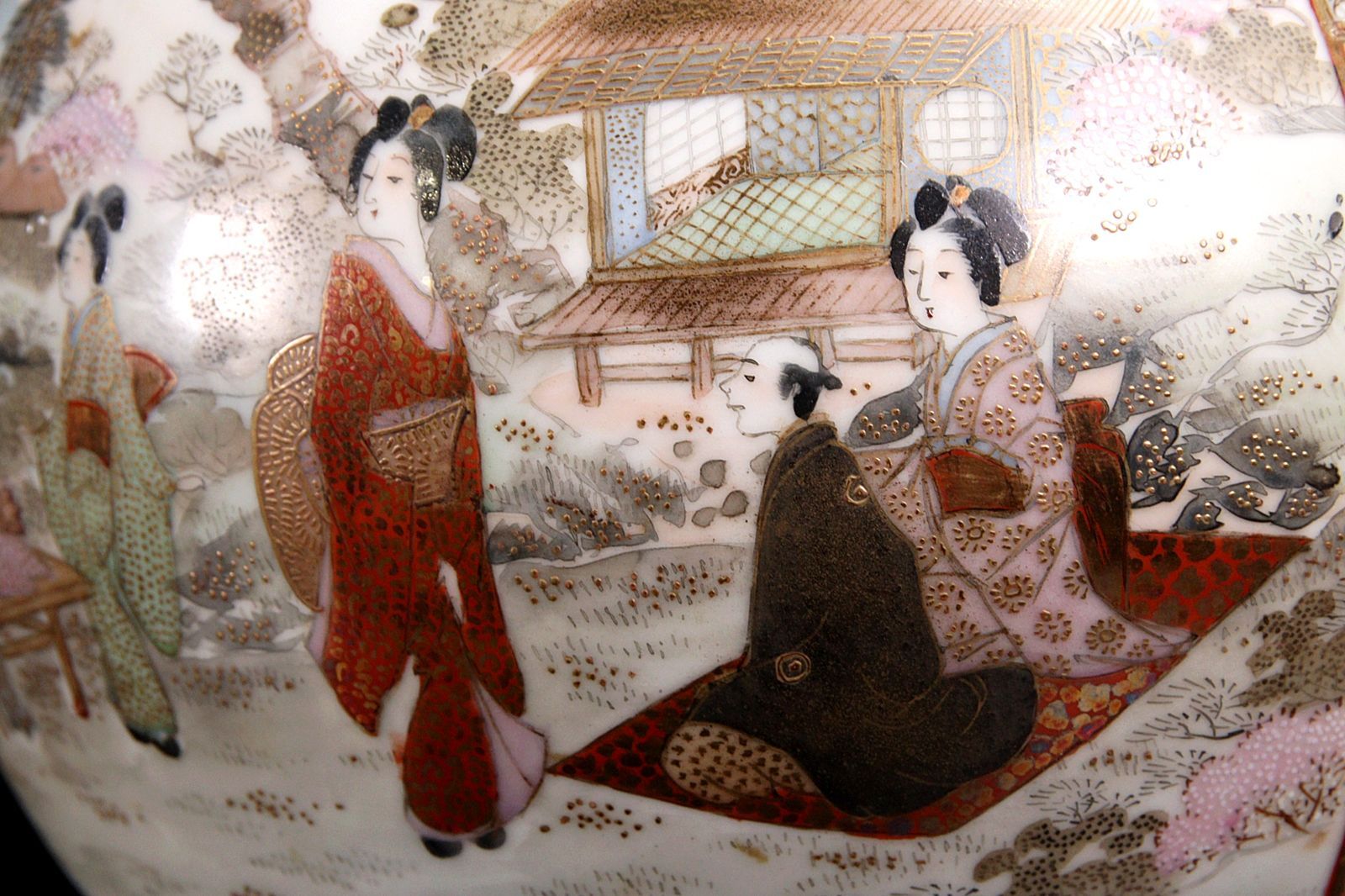 明治期 加賀國 九谷焼 赤絵楼閣山水文花瓶 36.5cm唐物 骨董 古