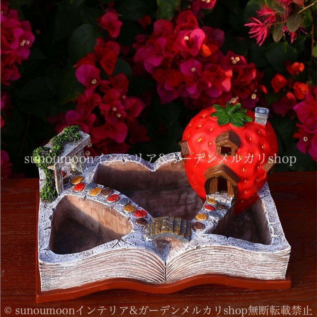 ガーデン ソーラーライト 本 おしゃれ 鉢植え 樹脂 インテリア 庭の装飾 いちごの家 ガーデンインテリア ミニチュア イチゴ ガーデニング お洒落 ガーデン雑貨 植木鉢 雑貨 プランター 太陽光 8-14