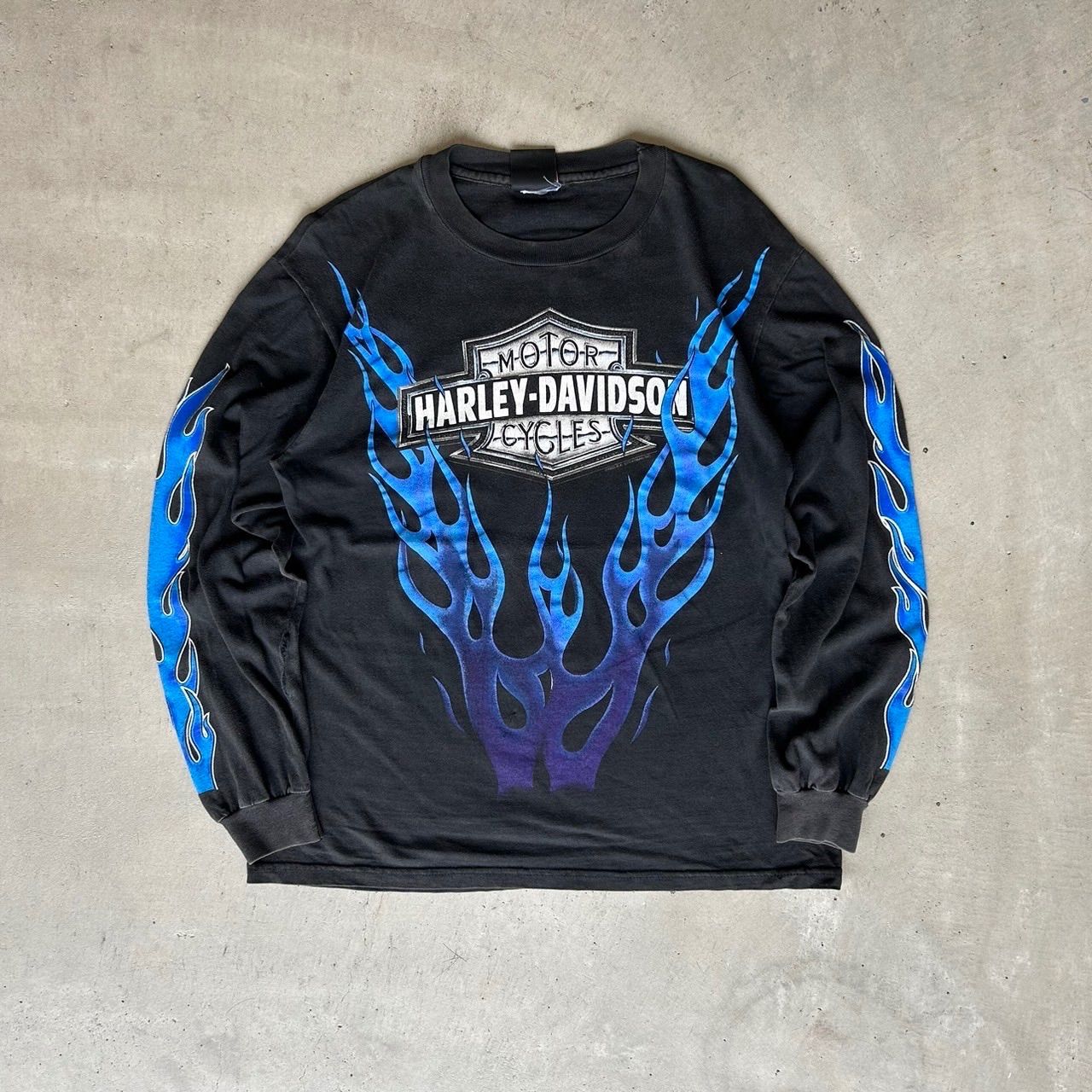 90s Harley-Davidson Blue flame Fire pattern ハーレーダビッドソン L/S Tシャツ 長袖 ロンT  ブルーフレイム ファイヤーパターン - メルカリ