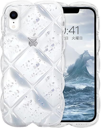 【在庫処分】GUAGUA iPhoneXR ケース クリア ウェーブ 菱形バック いphone XR 透明 うねうね スマホケース TPU キラキラ 菱形 凸凹 アルミ箔シルバー 可愛い 韓国 人気 耐衝撃 超軽量 おしゃれ バンパ