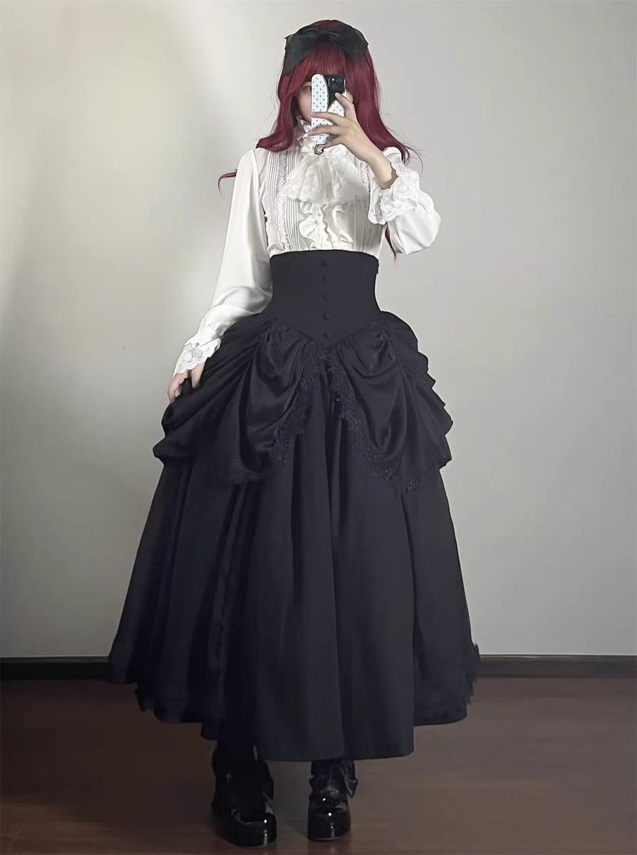 ブラックゴシック風夢遊Lolitaフィッシュボーン半身スカート姫袖セット
